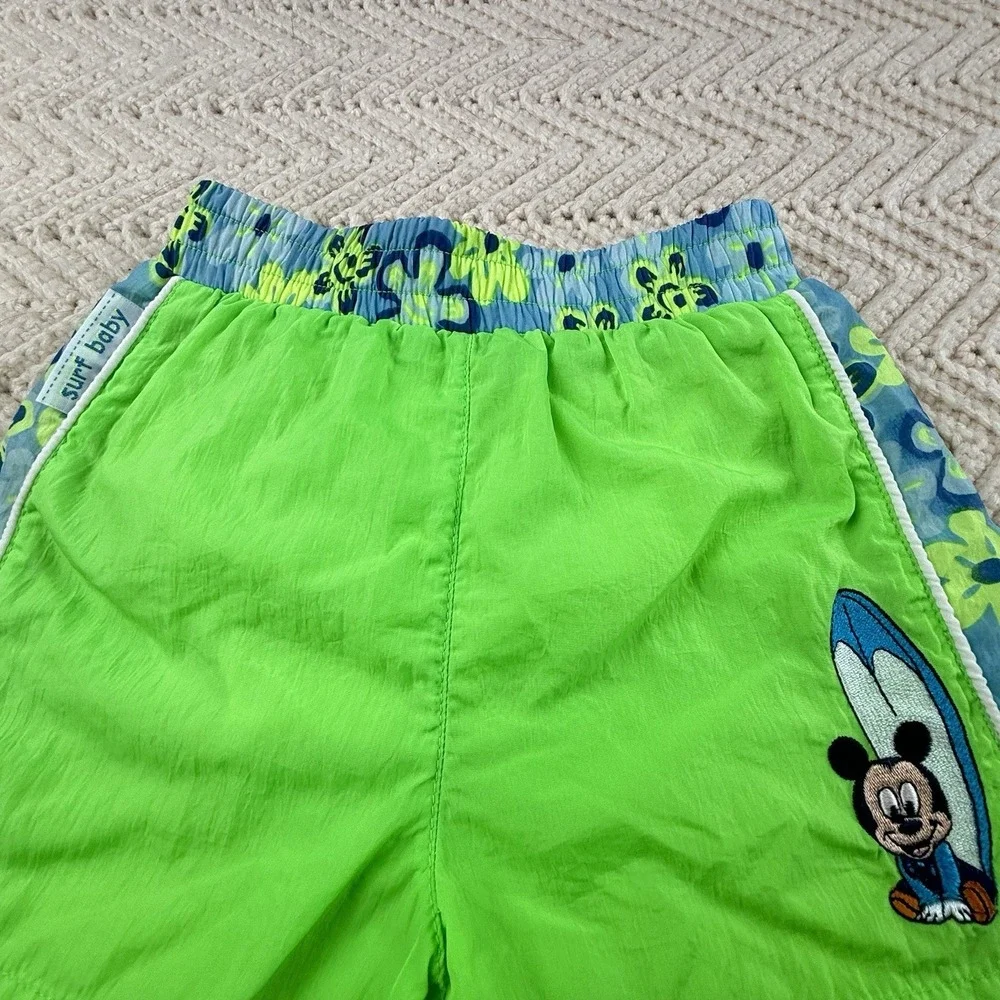 Disney Mickey Mouse Swim Trunks Size 12 Month Neon Green Vintage 90s‎ Retro